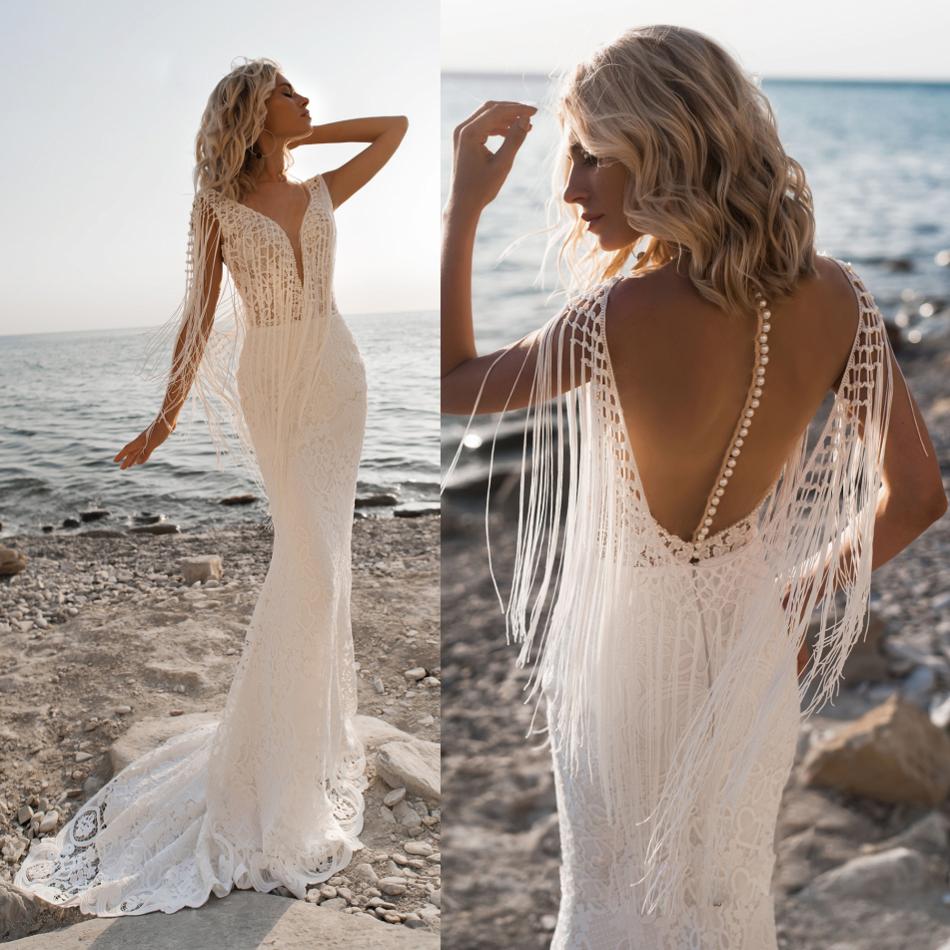 2019 Lace Tassel Mermaid Wedding Dresses Deep V Neck Backless Appliqued Sleeveless Beach Wedding Gowns Custom Made Bohemian Bridal