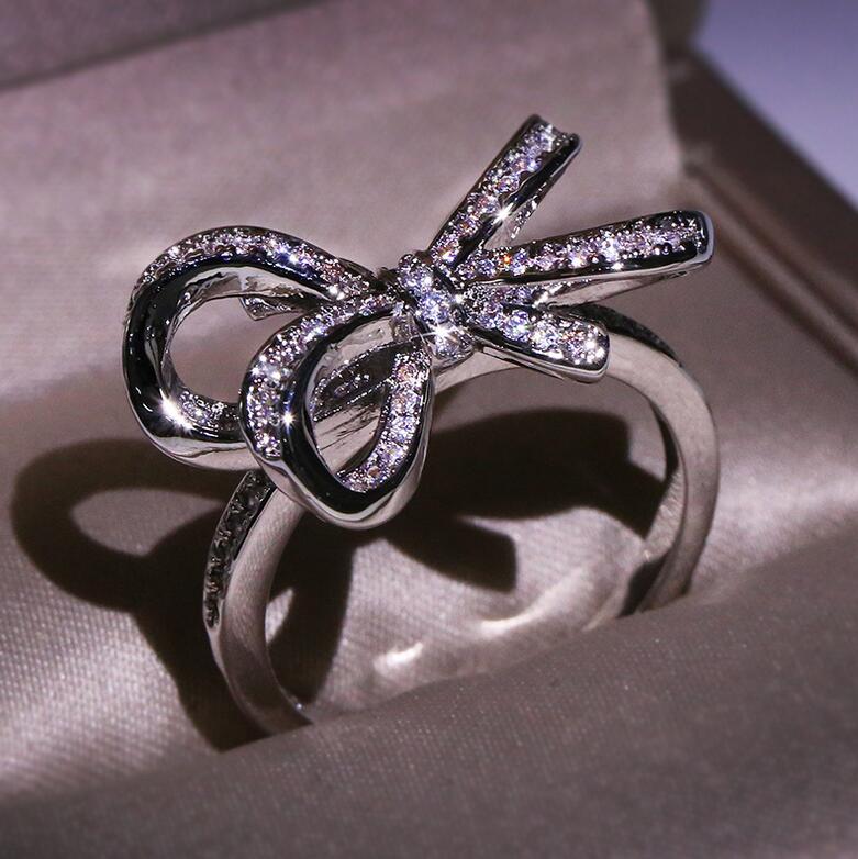 Sterg Sier White Sapphire Pave CZ Dia Eternity Women Bow Wedding Bridal Ring For Lovers Gift 45f6