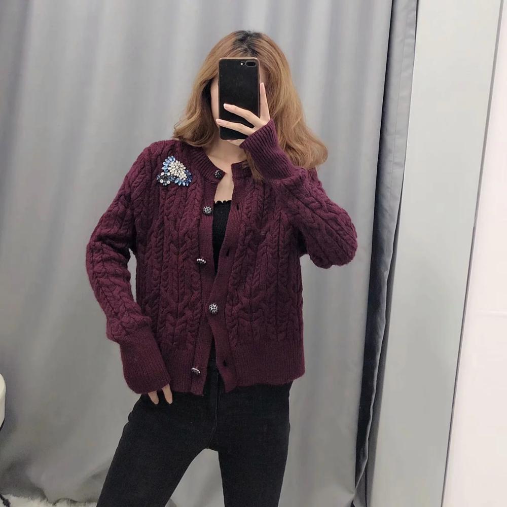 ZA autumn winter women's cardigan jewelry decorative knitted sweater women full sleeve Casual knit sweater female tops CJ191217