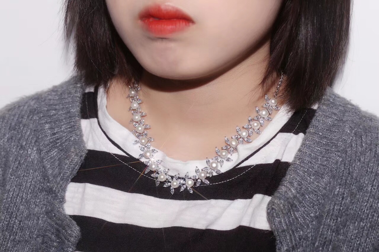 Fashion- Silver Adjustable Slide Marquise Cut Clear Cubic Zirconia Leaf Tennis Choker Necklaces With Natural Pearl For Women Wedding