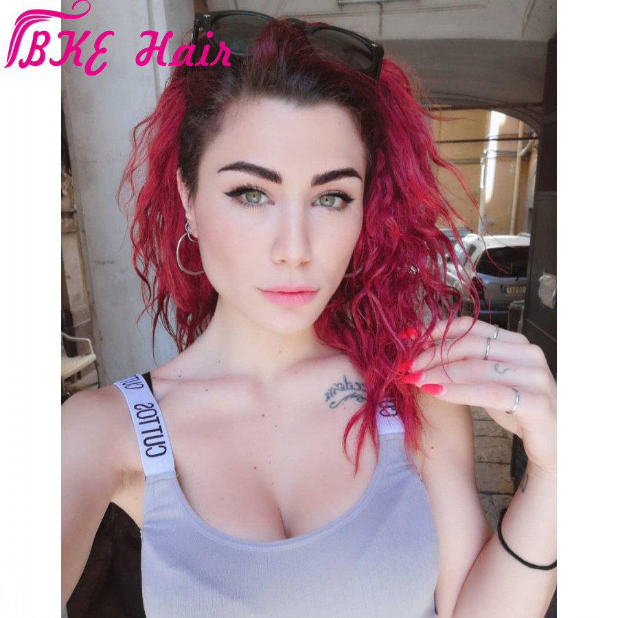 High quality rihanna style natural soft Short Loose natural Waves Black Roots Ombre Red Bob Synthetic Lace Front Wig Free Part for Women