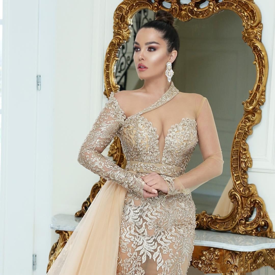 Arabic Illusion Mermaid Evening Dresses with Detachable Train Lace Long Sleeves Formal Prom Gowns Buttons Back