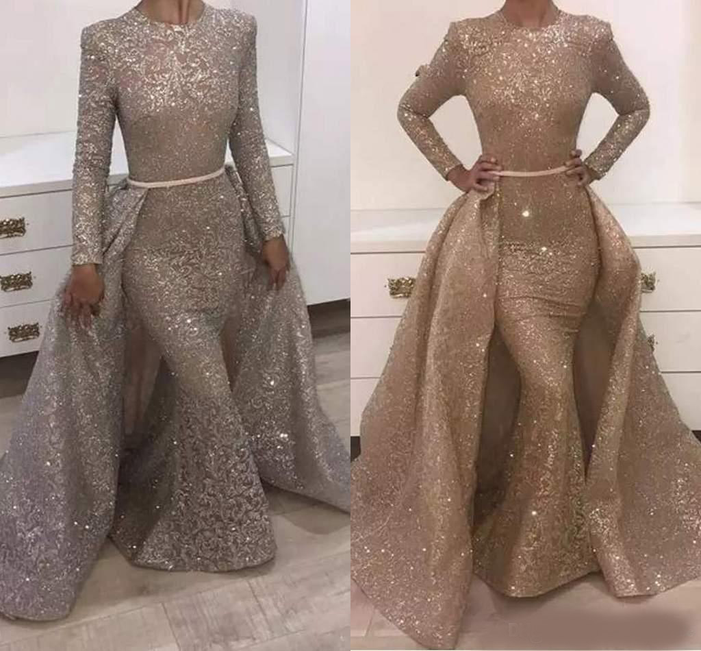 2020 Mermaid Evening Dresses Jewel Long Sleeve Unique Design Evening Gowns Lace With Sequins Beads Crystals Formal Evening Dresses