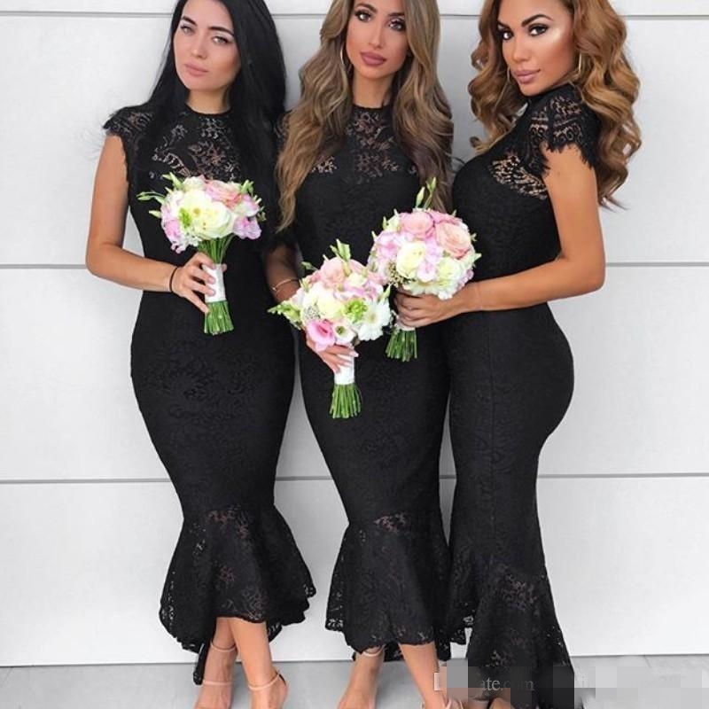 Blue Chic Lace Mermaid Bridesmaid Dresses Jewel Neck Cap Sleeves Wedding Guest Party Dress Vintage Tea Length Maid Of Honor Gown