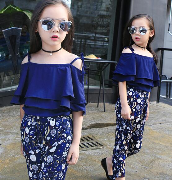 Girl Boutique Clothing Sets Baby Off Shoulder Tops Pant Set Chiffon Tee Shirt Floral Print Pants Children Beachwear Suit GGA3508-3