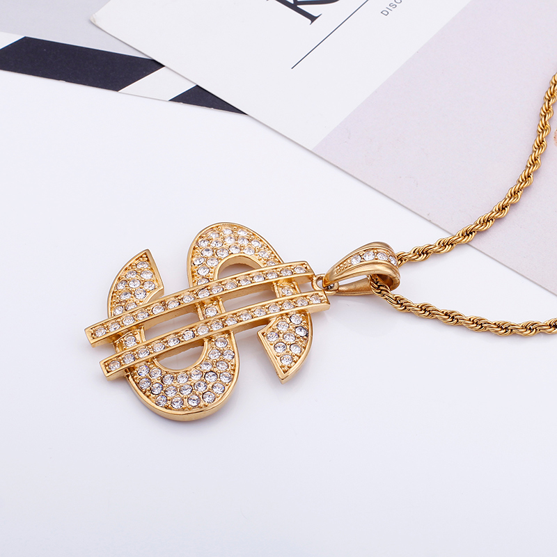 Men's Hip Hop Dollar Sign Pendants Necklace 316L Stainless Steel Full Cubic Zirconia Setting 18K Gold Plated Jewelry
