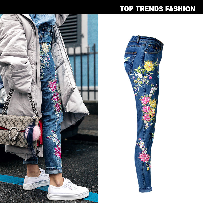 hot sale Stretch Embroidered Jeans For Women Elastic Flower Jeans Ladies Pencil Denim Pants Hole Ripped Rose Pattern Jeans