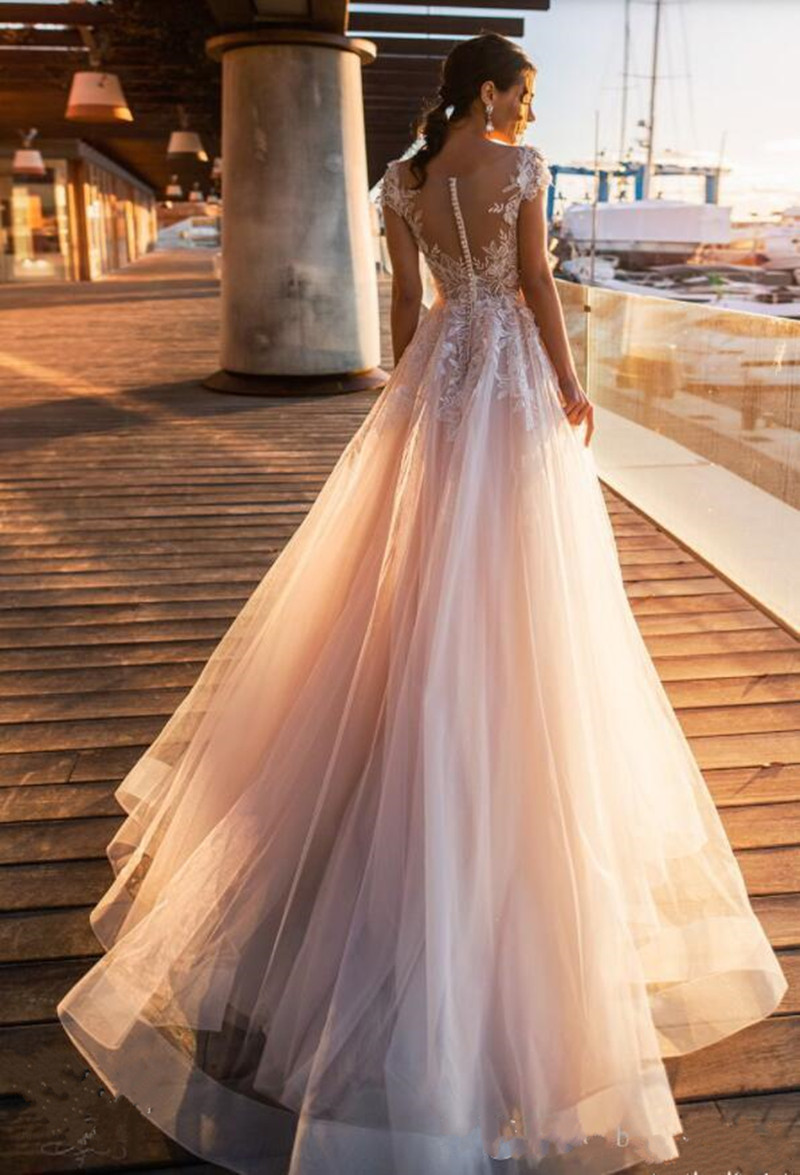 2020 New Elegant Blush Pink Lace Appliques A Line Wedding Dresses Sheer Scoop Neck Tulle Covered Button Tulle Long Wedding Gowns Customize