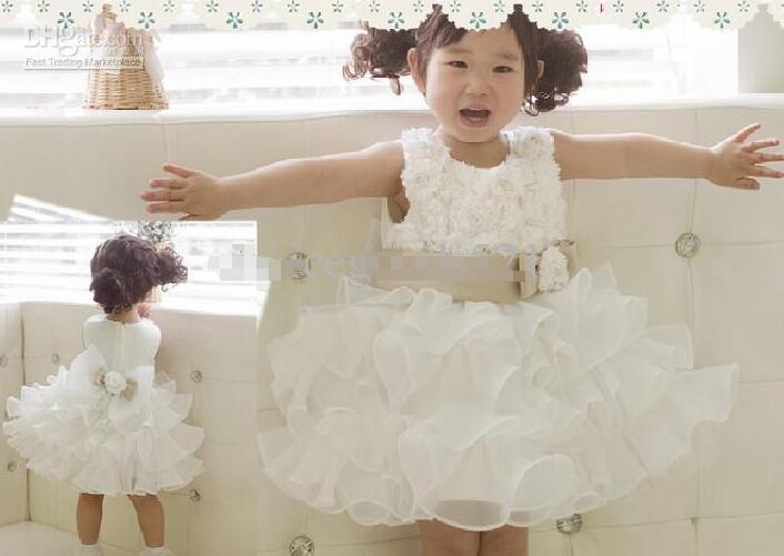 Ivory Baby Flower Girls Dresses Lace Applique Bow Ruffles Tired Skirts Pageant Party Dress Birthday First Communion Gowns For Wedding