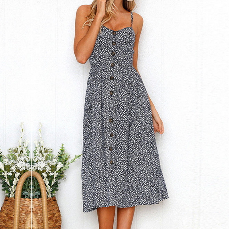 Laamei Solid Button Sexy Casual Summer Strap Dress Long Boho Beach Women Sundress Vestidos Fashion Daily Sleeveless Dess Female Y190514