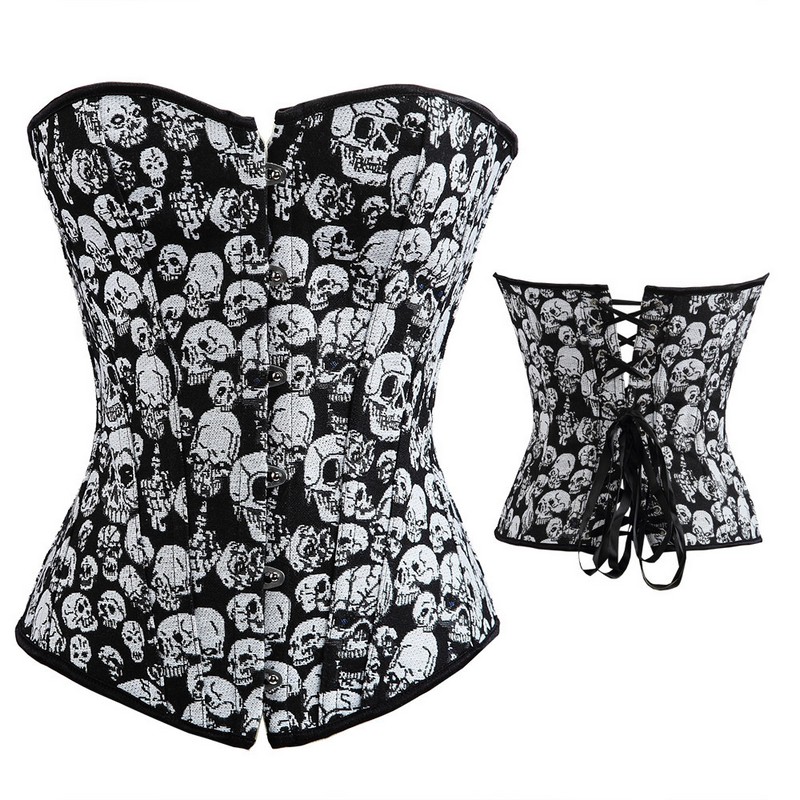 Women Gothic Skulls Corset Top Plus Size S-6XL Lace-up Vintage Steampunk Overbust Body Shaper Waist Trainer Shapewear Corselet