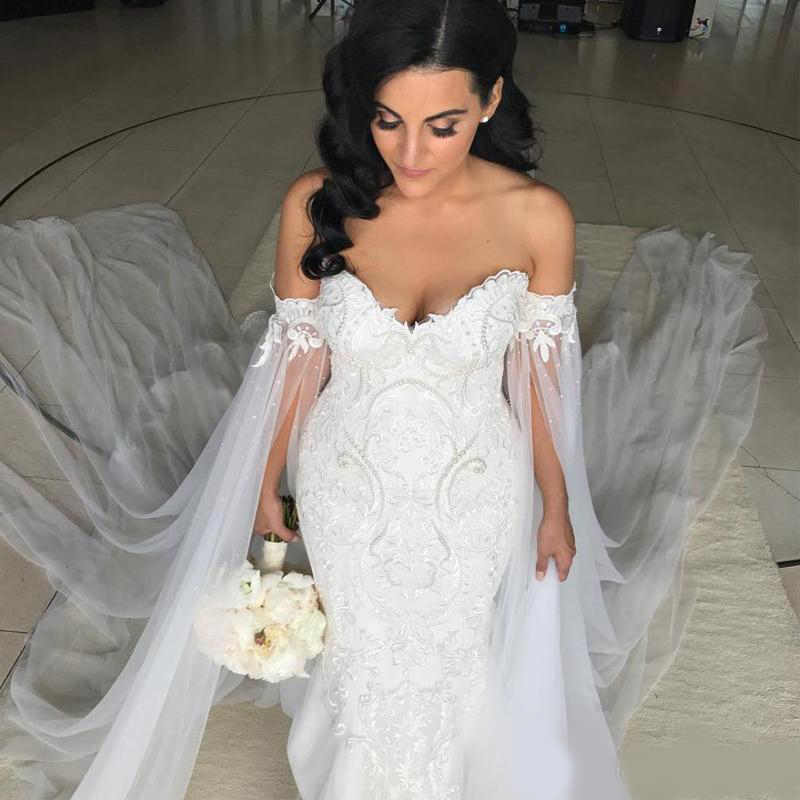 2020 Mermaid Wedding Dresses With Shawl Robe de mariee Applique Beading Pearls Wedding Gowns Court Train Sheath Bridal Dresses