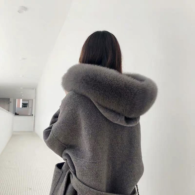 Korean Version Long Cashmere Coat With Real Fox Fur Trim Hoodie Warm Thicken Large Pockets Coat female Women Outwear Winter Coat CJ191214