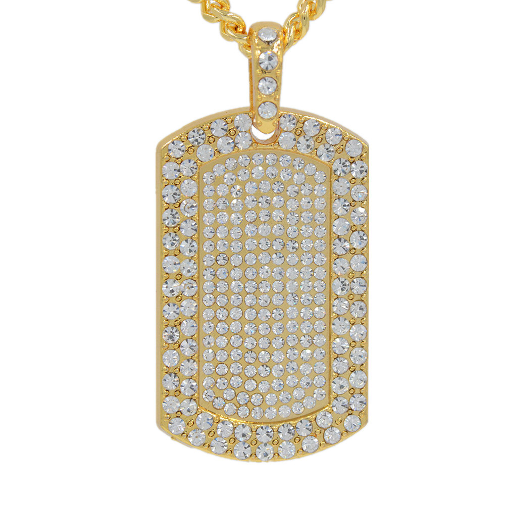 2020 mens jewelry Vintage Men's Pendant Filled Iced Out Rhinestone Gold Color Charm Square Dog Tag Necklace With Cuban Chain Hip Hop Jewelry