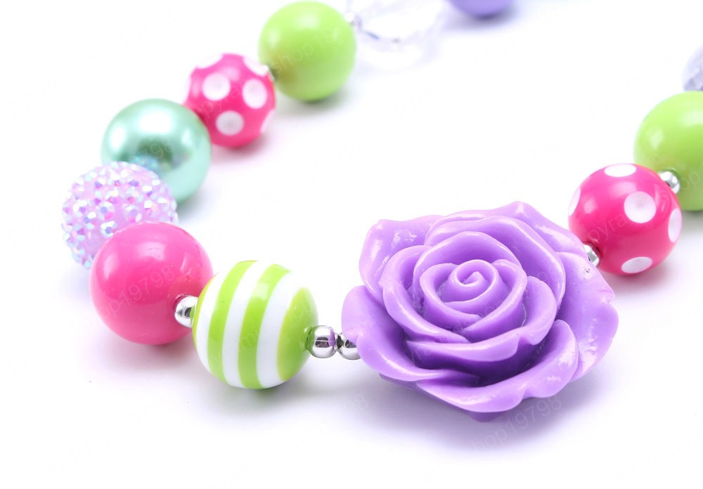 Kids Chunky Beads Necklace Cute Purple Big Flower Girls Chunky Bubblegum Necklace For Party Gift Jewelry Handmade