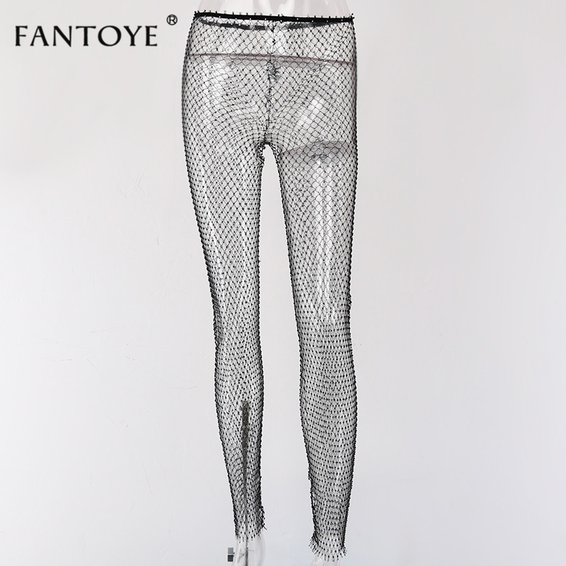 Fantoye Crystal Diamond Mesh Pants Women Sexy Summer Hollow Out Transparent Loose Long Fishnet Pants 2019 New BeachWear Trousers T200103