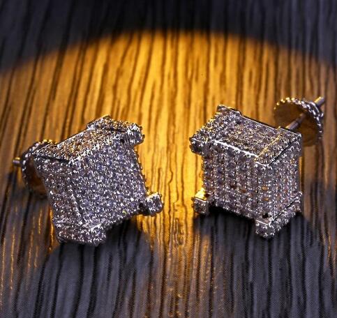 Mens Hip Hop Stud Earrings Jewelry New Fashion Gold Silver Zircon Diamond Square Earrings For Men GB1296