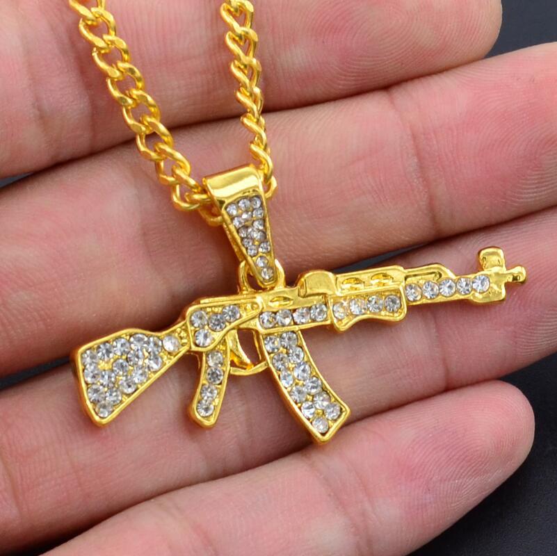 Alloy AK47 Gun Pendant Necklace Iced Out Rhinestone With Hip Hop Miami Cuban Chain Gold Silver Color Men Women Jewelry