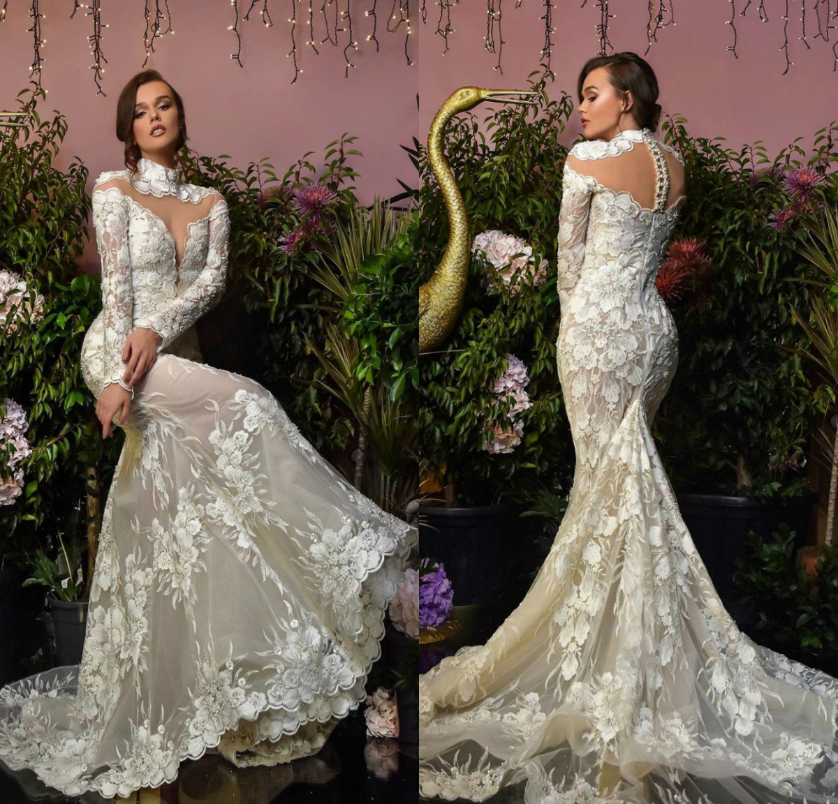Arabic High Neck Mermaid Wedding Dress Lace Appliques Long Sleeve Vestidos De Novia Light Champagne Custom Made Beach Country Wedding Dress