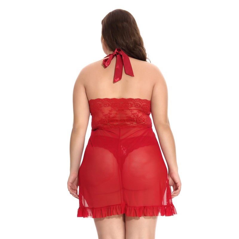 Women Sexy Red Fly-away Floral Lace Cups & Mesh Babydoll Chemise with Satin Bow Accent and Panty Set For Big Lady Plus Size 1X-4X Lingerie