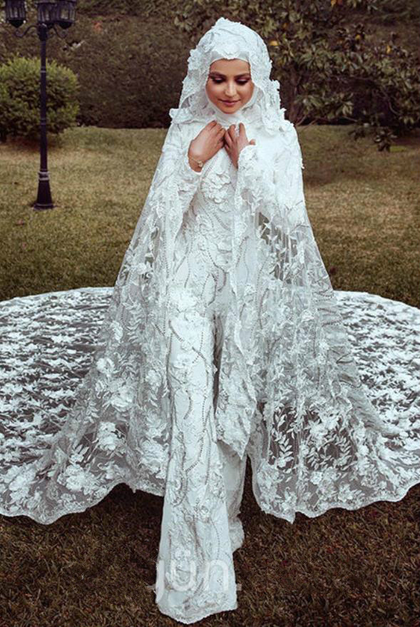 Muslim Wedding Jumpsuits Vintage 2020 Lace 3D Floral Applique Jewel Neck Country Bridal Gowns Long Sleeve Modest Wedding Robes De Soirée