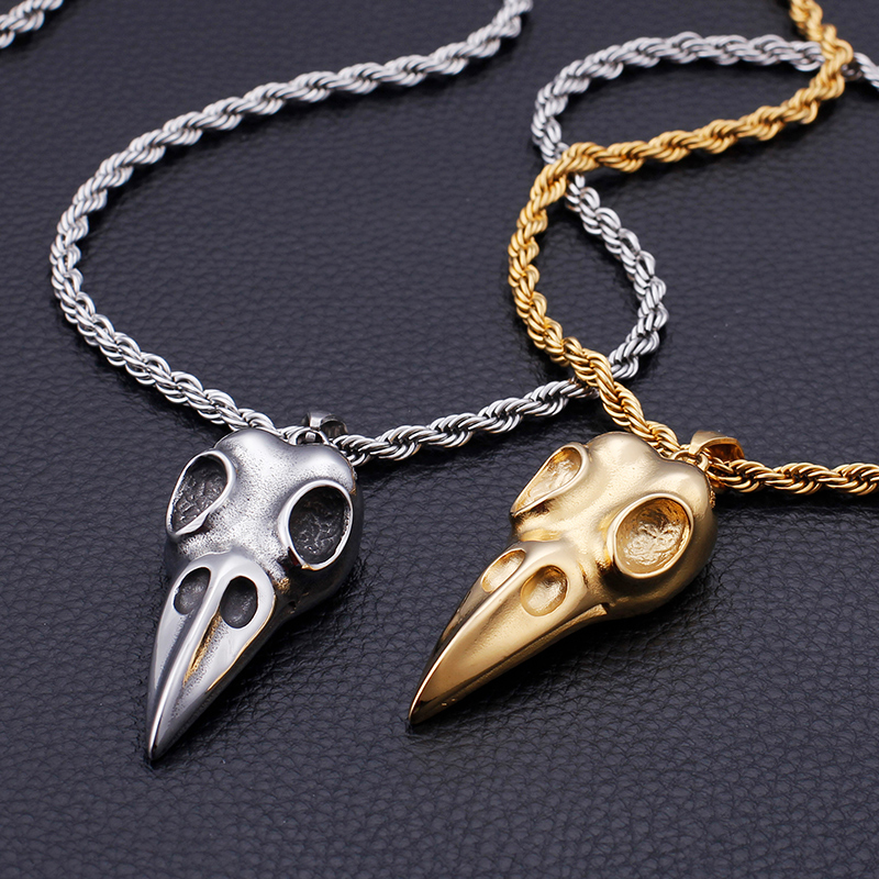 Skeleton Skull Bird Head Pendants Necklace Cool Men Punk Hip Hop 316L Stainless Steel 18K Gold Plated Jewelry