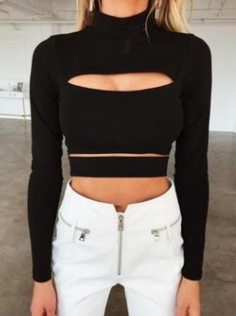 Sexy Women Long Sleeve Cut T Shirts Crop Tops Clubwear Fashion Ladies Summer Cotton Black Hollow Out Holes T-shirt Hot