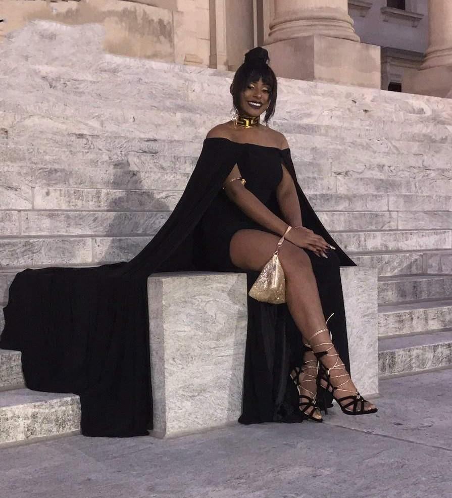 New Amazing Black Girl Side Split Evening Sexy Off The Shoulder Capped Sleeve Prom Sheath Long Red Carpet Dresses 6660306