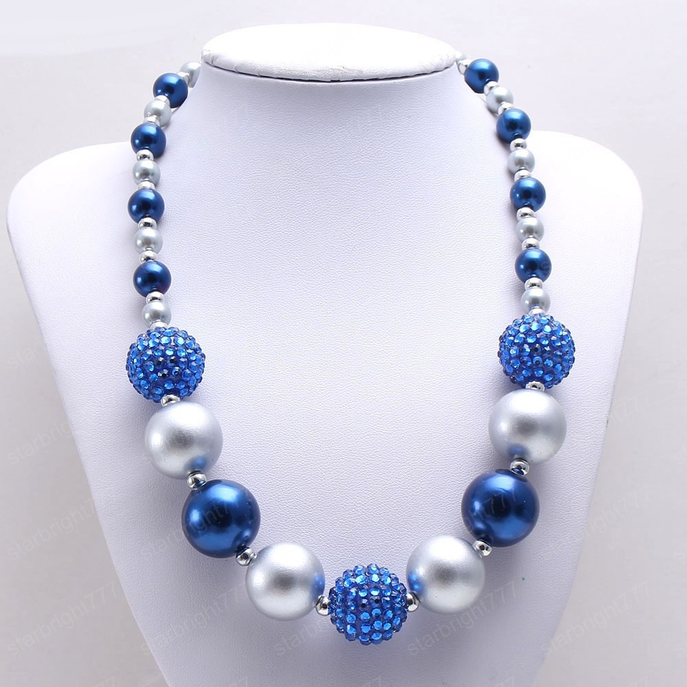 Cute Kids Boys Chunky Beads Necklace Blue+Gray Pearls Beads Child Kids Chunky Necklace Fashion Choker Necklace