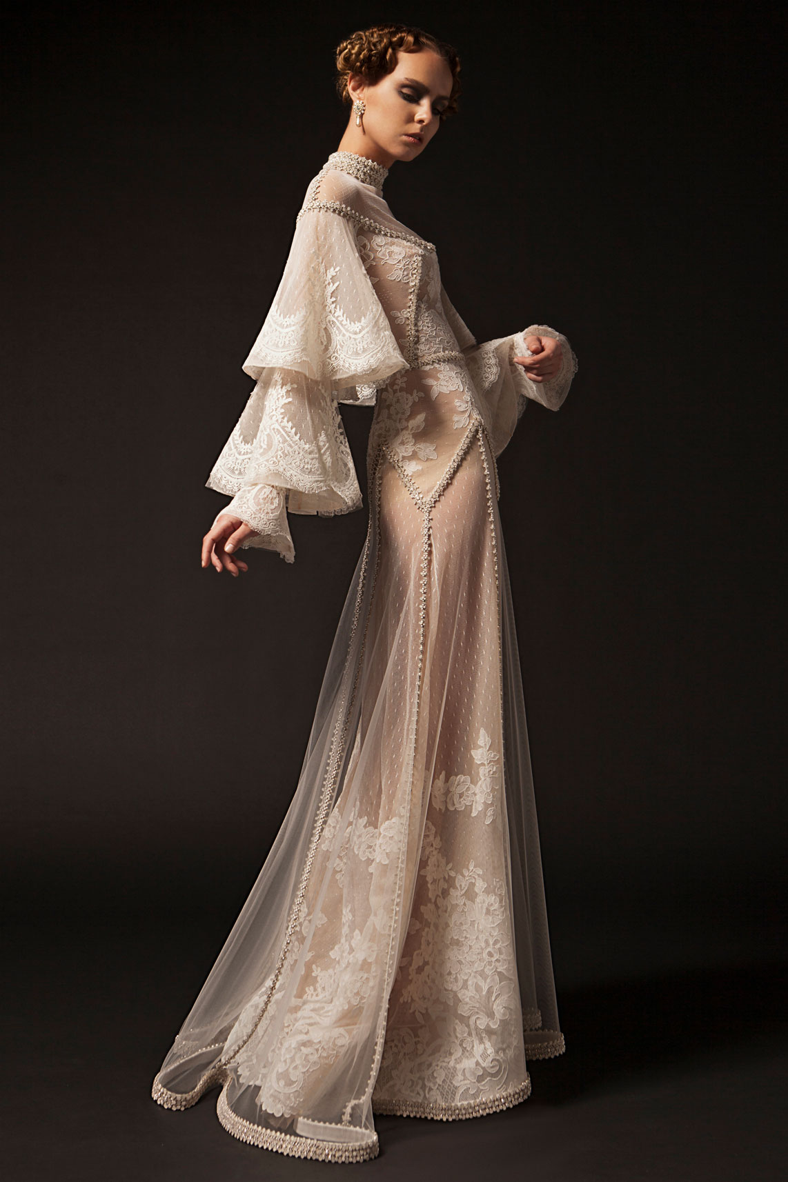 Krikor Jabotian 2019 New Prom Dresses High Neck Lace Applique Long Sleeve Beaded Formal Party Dress Vintage Pageant Evening Gowns