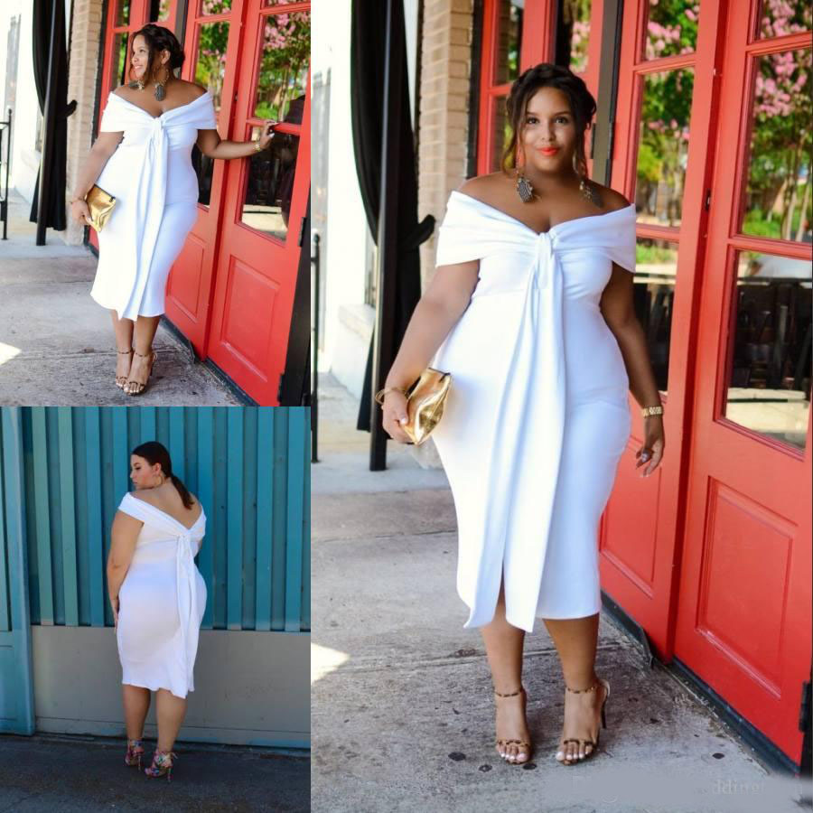 Charming White Plus Size Prom Dresses Off The Shoulder Short Evening Gowns Sleeves Cheap Tea Length Backless Formal Dress