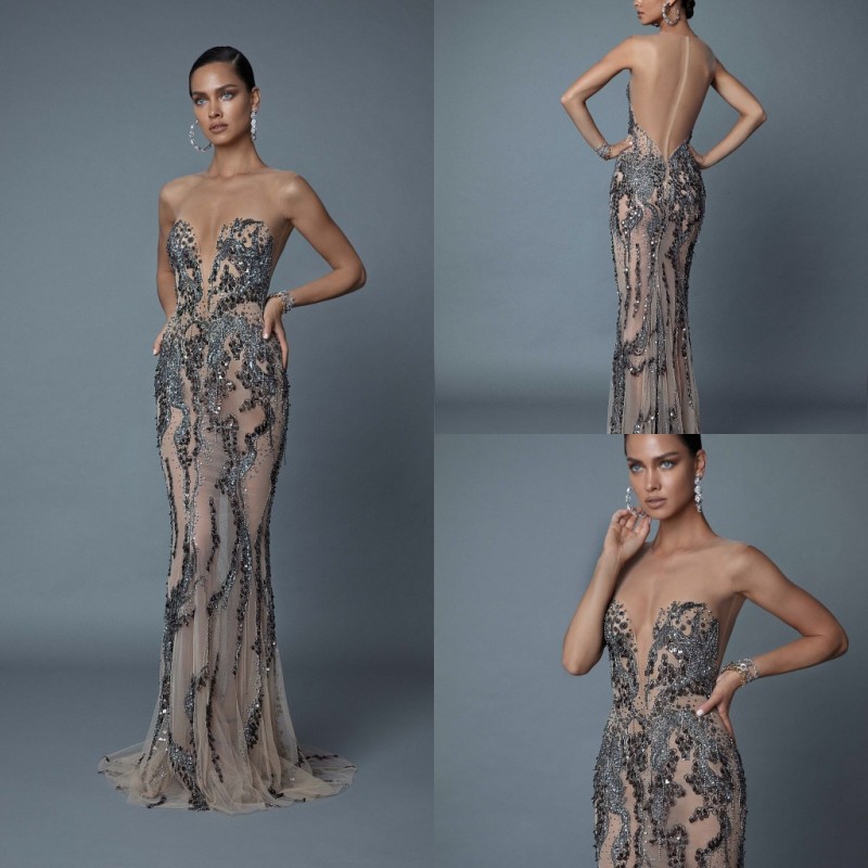 2019 Berta Mermaid Evening Dresses Sexy See Through Long Formal Prom Gowns Luxury Beading Crystal Dress Party Vestidos De Fiesta