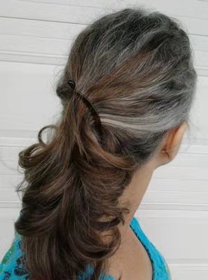 Wavy curly Grey hair Side part ponytail Human hair,Salt and pepper wet wavy natural baylaged dyeable gray ponytail extenson women replacemen