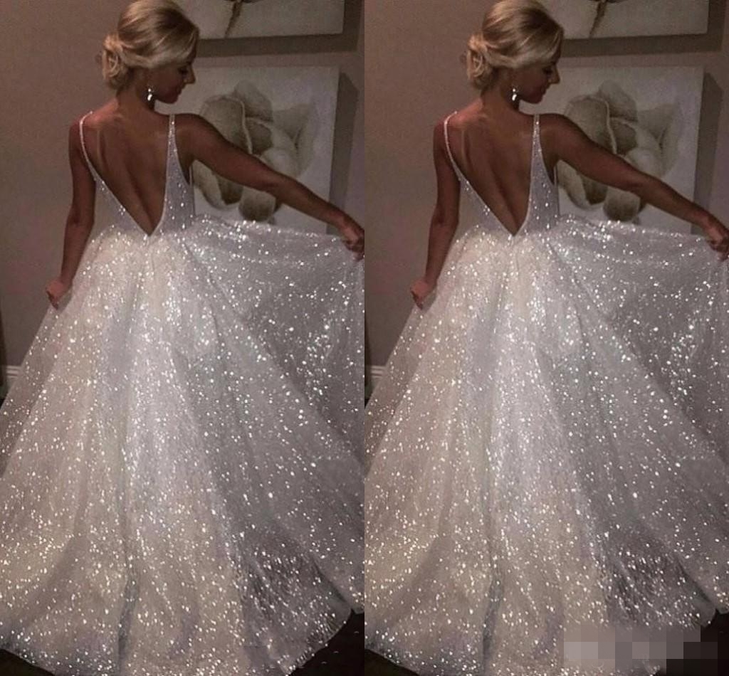 Sparkly Sequins Beach Dresses Deep V Neck Backless 2019 Cheap Custom Made Boho Wedding Bridal Gown Plus Size Vestido De Novia 401 6660311