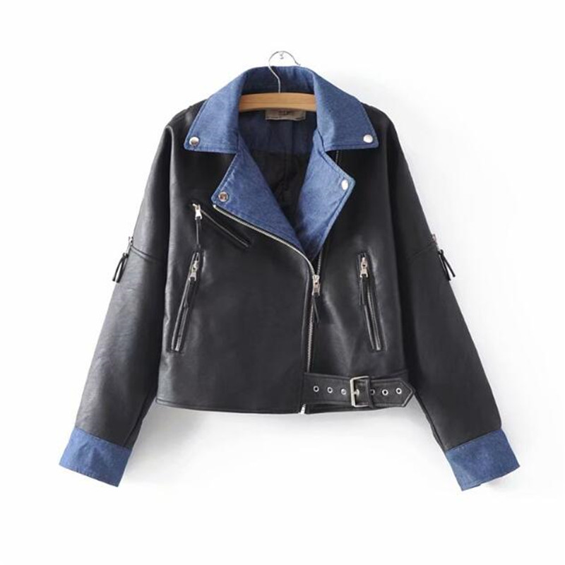 New Women Faux Leather Jacket Casual Zipper Denim collar stitching Basic Coat Slim Pu Leather Jackets Female, Black
New Women Faux Leather Jacket Casual Zipper Denim collar stitching Basic Coat Slim Pu Leather Jackets Female, Black