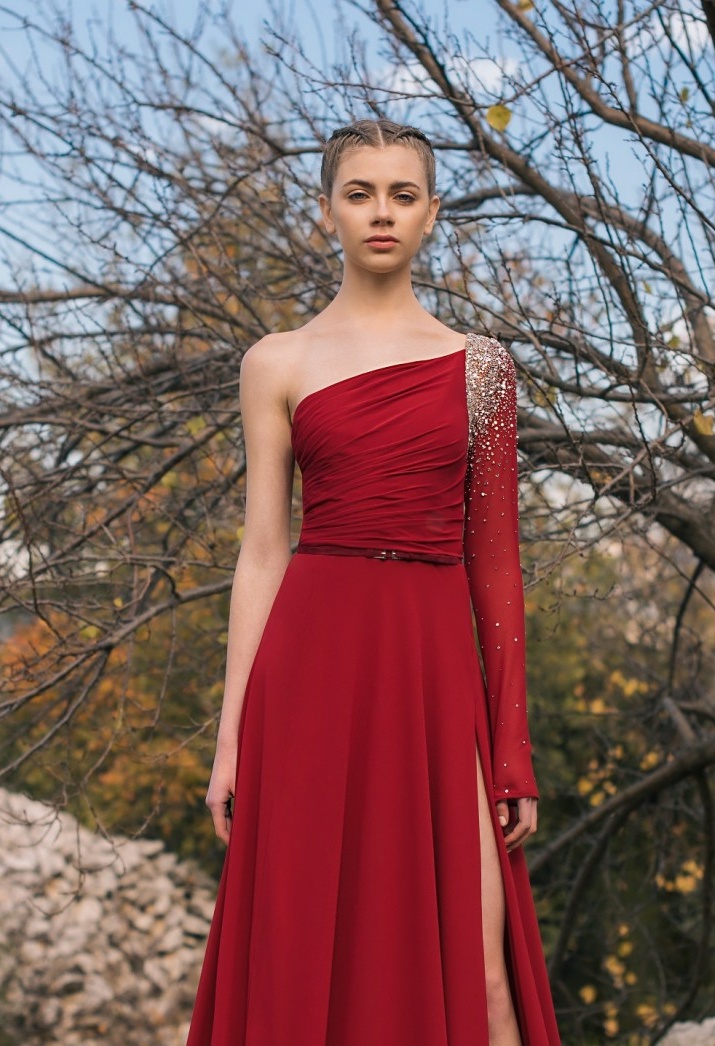 One Shoulder Red Prom Dresses 2019 Georges Hobeika Long Sleeve Beaded Formal Evening Gowns Thigh High Split Sweep Train Party Dresses