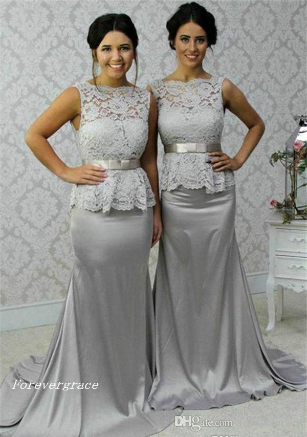 2019 Cheap Grey Lace Peplum Bridesmaid Dress Long Country Garden Formal Wedding Party Guest Maid of Honor Gown Plus Size Custom Made
