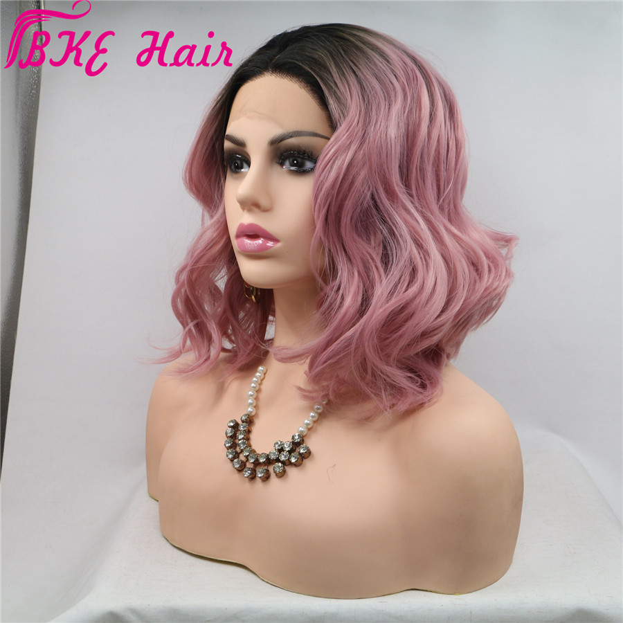 New short style Ombre Pink Wigs short Wavy Synthetic Lace Front bob Wig For Women Heat Resistant Fiber Natural Hairline Cosplay