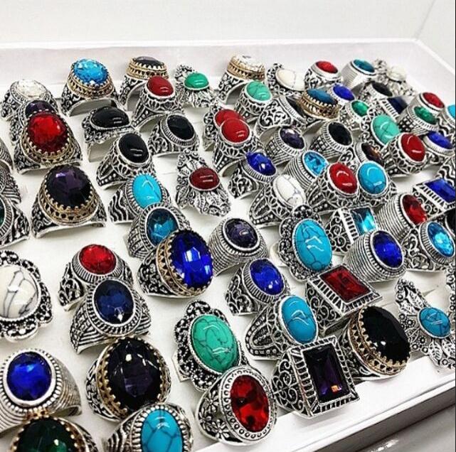 20pcs/pack mix style antique silver mens womens fashion jewelry rings vintage stone gemstone ring party gift wholesale