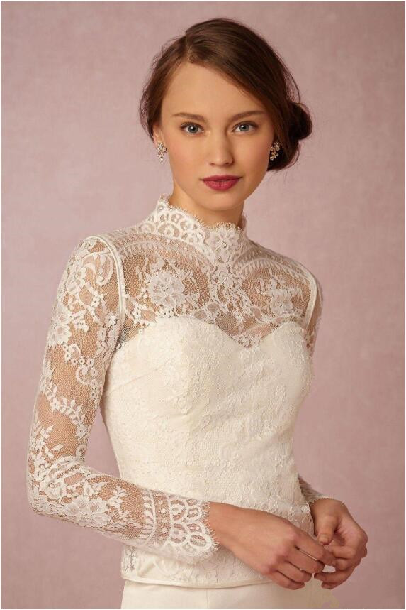 BHLDN 2019 Wedding Bridal Wraps Long Sleeve High Neck Wedding Lace Jackets Bolero Wraps New Button Back Custom Made Bridal Jacket