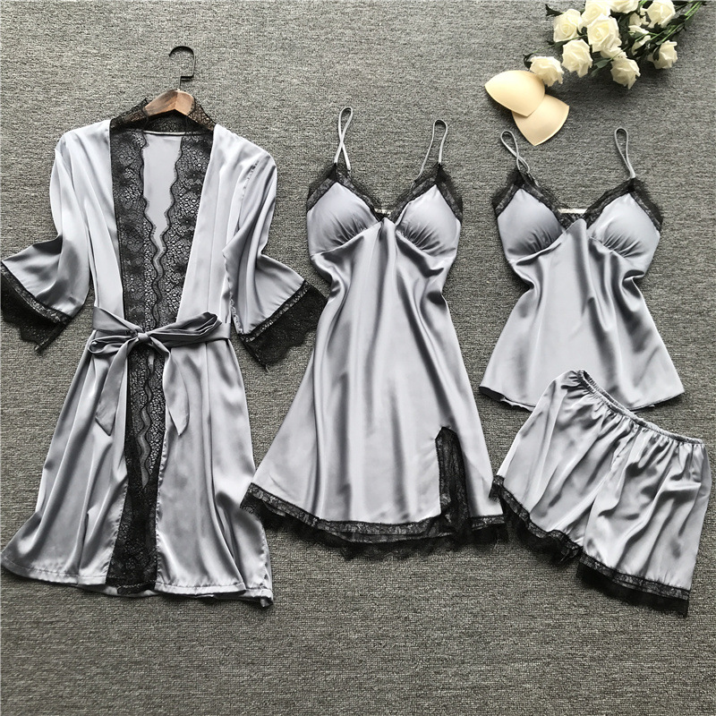Summer Women Pajama Sets 4 Pcs Sexy Lace Pyjamas Women Satin Silk Sleepwear Elegant Pijama with Chest Pads Homewear