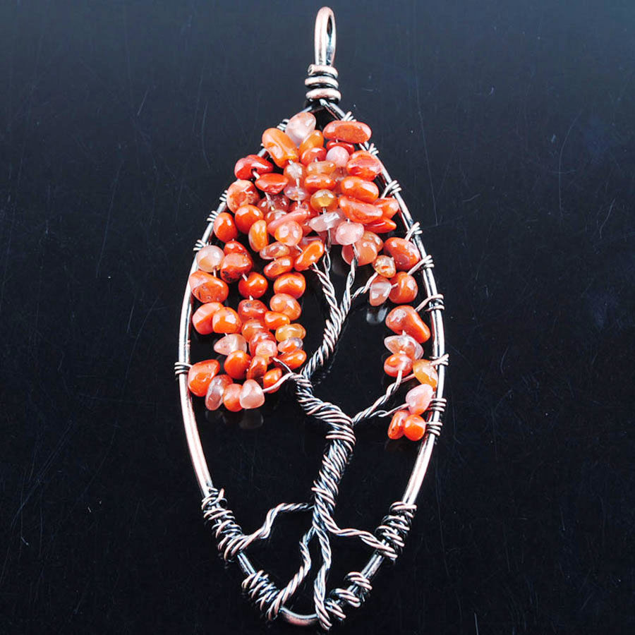 WOJIAER 94x37mm The Tree Of Life Pendant Handmade Tigers Eye Amethyst Gem Stone Marquise Shape BN325