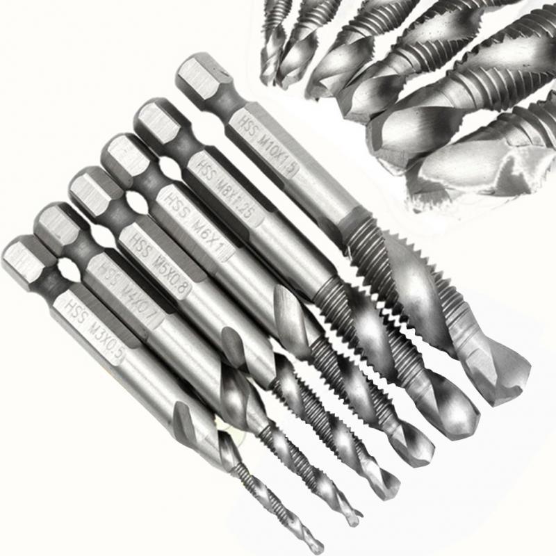 1/4'' Hex HSS High Speed Steel Thread Spiral Screw M3 M4 M5 M6 M8 M10 Metric Composite Tap Drill Bit Tap 6pcs/set