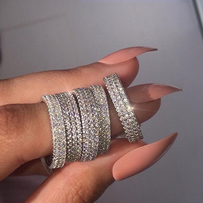 Sparkling Luxury Jewelry Real 925 Sterling Silver Three Rows Pave White Sapphire CZ Diamond Eternity Gemstone Women Wedding Bridal Ring Gift