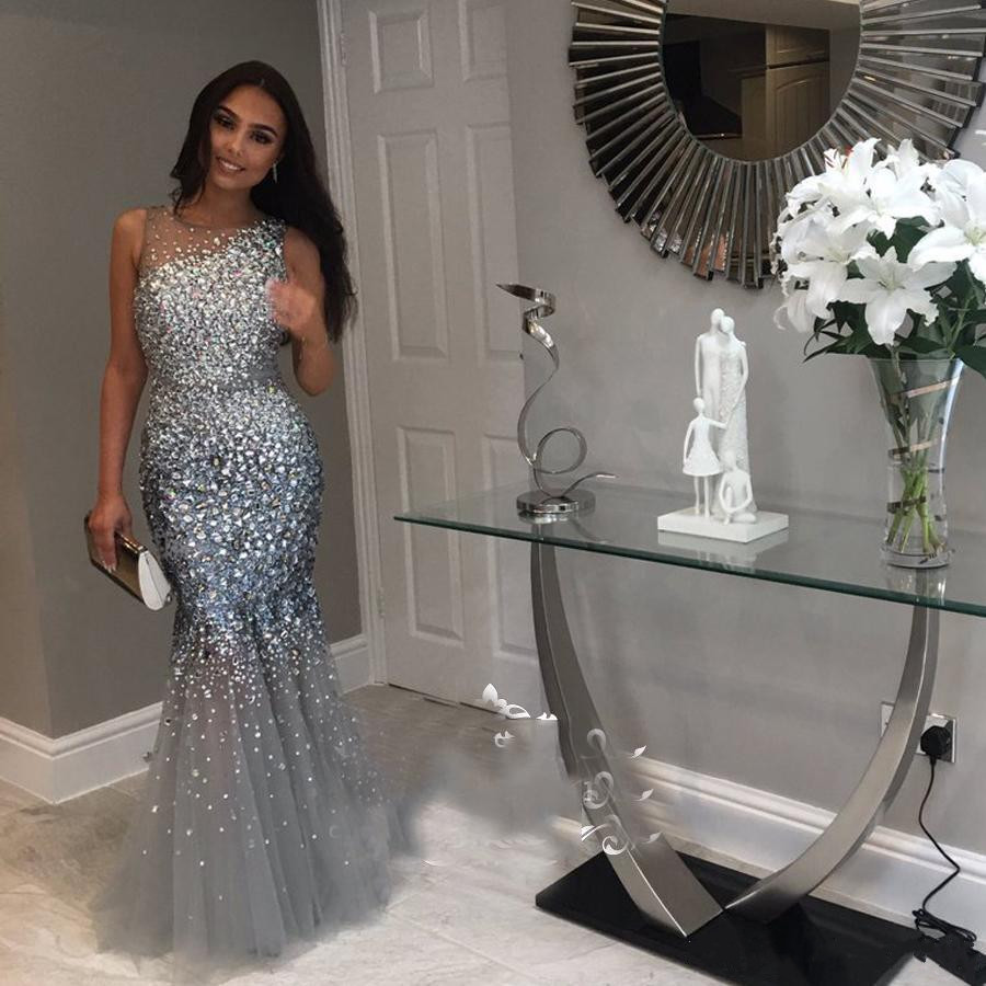 Glittering Mermaid Prom Dresses Sheer Neck Sleeveless Crystal Beaded Tulle Mermaid Evening Dress Formal Gowns Vestido De Festa