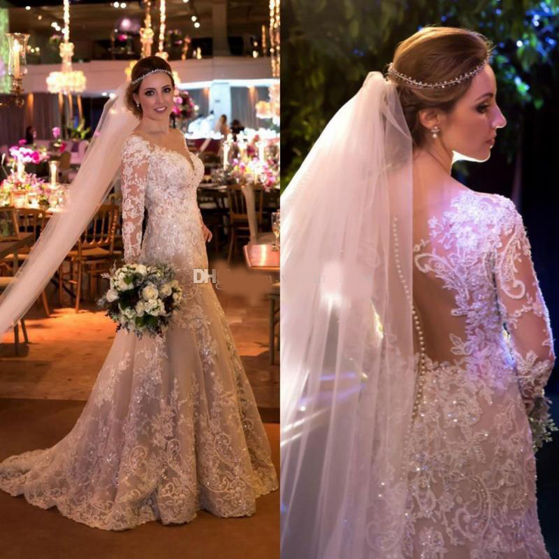 Sparkly Mermaid Beaded Lace Wedding Dresses Sheer V Neck Sequined Plus Size Bridal Gowns With Long Sleeves Sweep Train Vestido De Novia