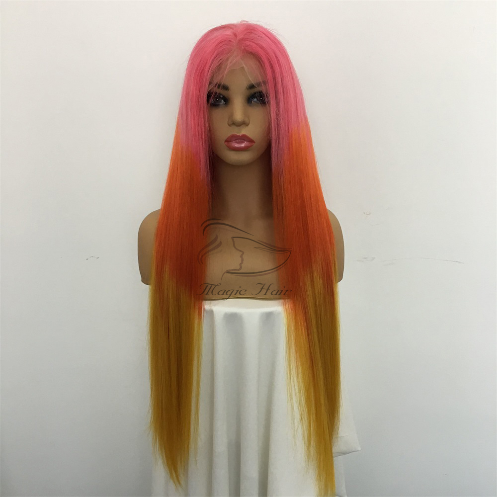 Full Lace Human Wig with Baby Hair Pre Plucked Brazilian Remy Hair Ombre color pink/red/yellow Lace frontal Human Hair Wigs
