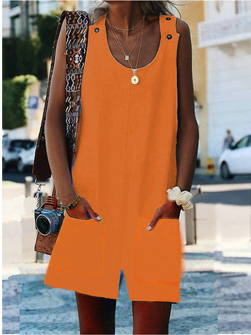 Jumpsuits European spring and summer fashion pocket button solid color round neck casual street jumpsuit support mixed batch