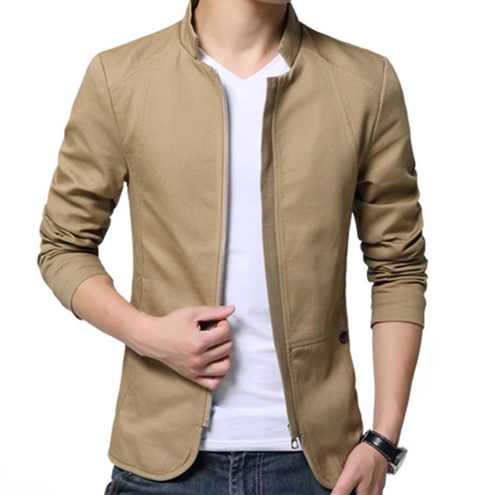 Casual Men Autumn Solid Color Stand Collar Zipper Pockets Thin Slim Blazer Coat Mens Fashion Brand Blazer Jacket For Men