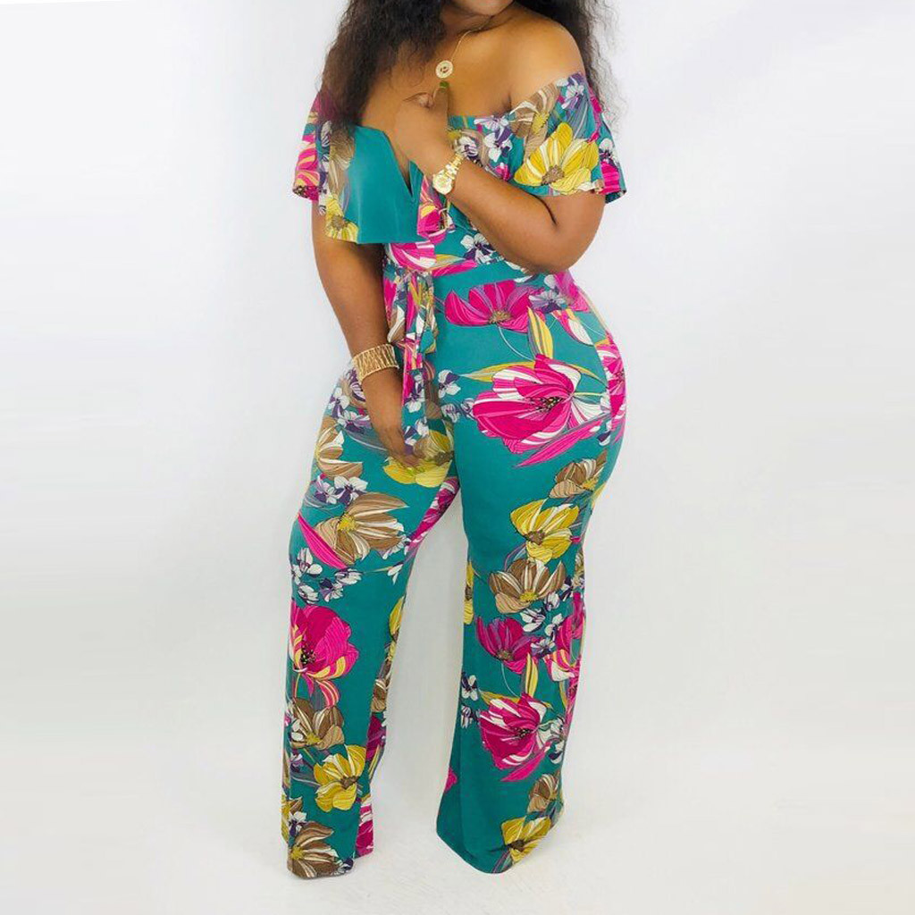 Jumpsuit bodycon rompers summer Women Floral Print Short Sleeve Bandage Off Shoulder Tight Jumpsuit Overalls Plus Size Playsuit T200107
